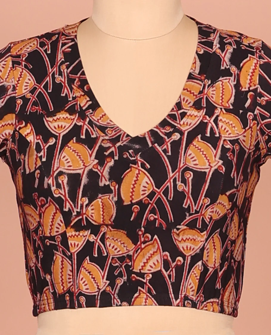 Black Cotton Readymade Blouse Graced with All-Over Floral Motifs Print, Featuring a Front Leaf-Neck, a Closed Back Neck, and Elbow Sleeves - Image 3
