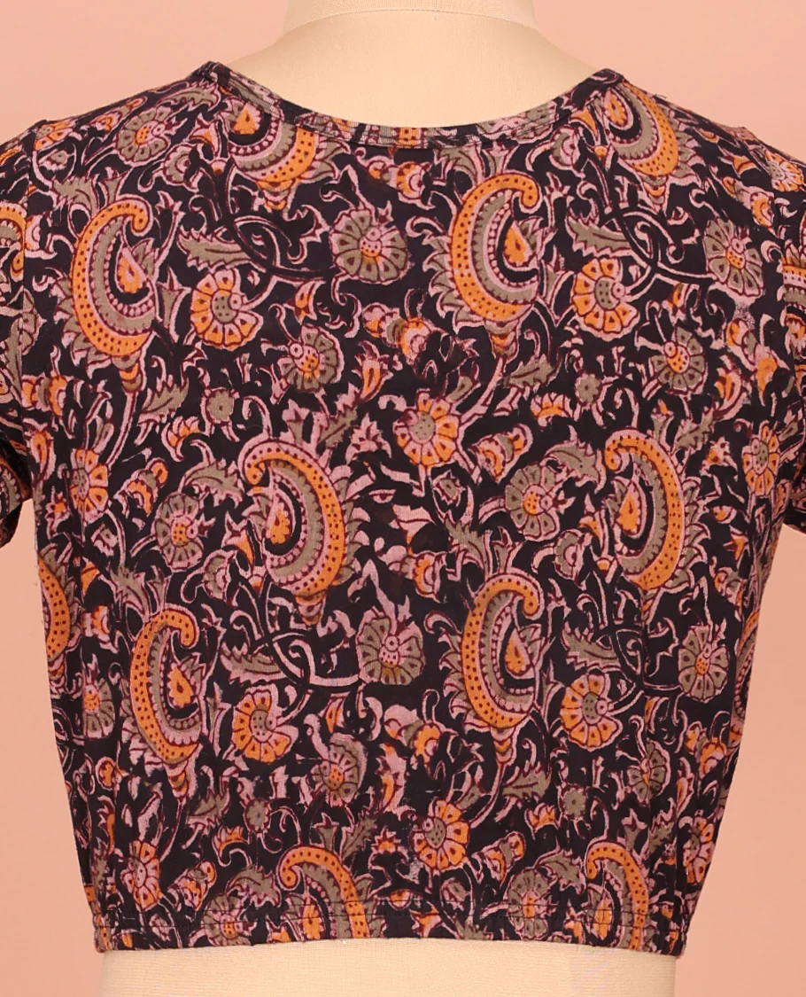Black Cotton Readymade Blouse Majestically Detailed with All-Over Floral Vine Print, Front High-Neck, Back High Neck, and Elbow Sleeves - Image 4