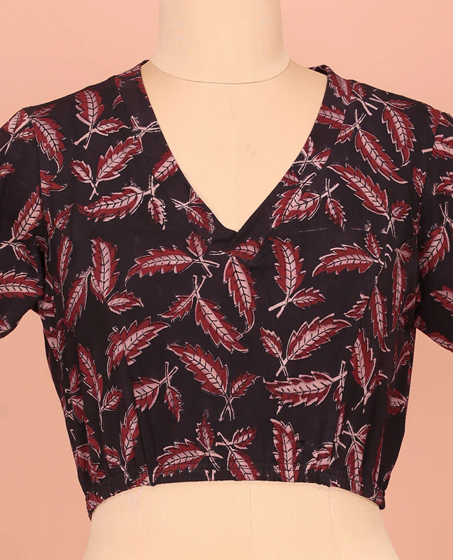 Black Cotton Readymade Blouse Subtly Sparked with Leaf Motifs Print, Featuring a Front V-Neck, a Closed Back Neck, and Elbow Sleeves - Image 2