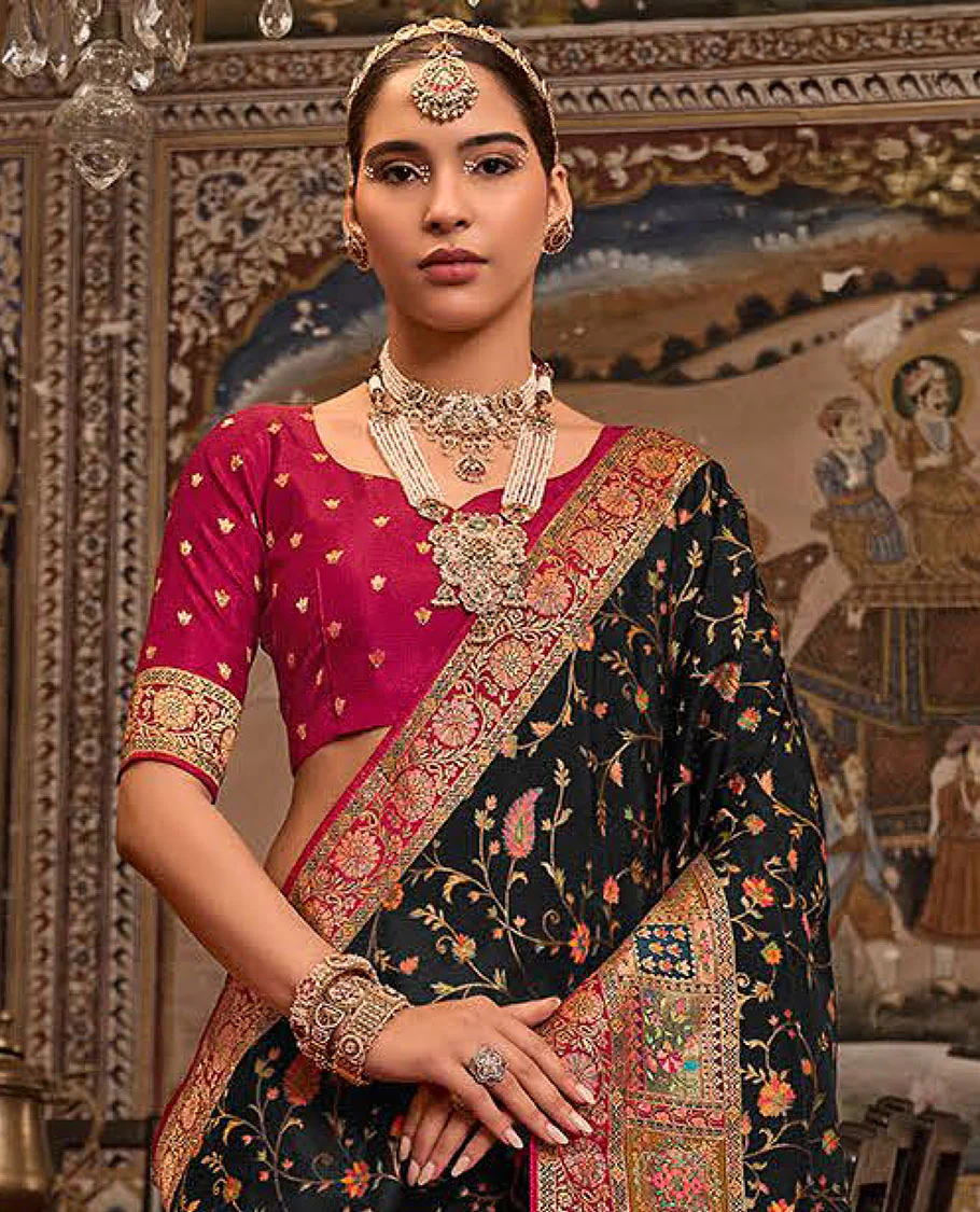 Black Designer Saree, Beautifully Bedecked with Meenakari-Style Floral-Jaal Design All Over Its Body, Complemented by a Contrast Mughal-Style Border, Meticulously Meenakari Designs Crafted Pallu, and Paired with a Contrast Blouse - Image 2