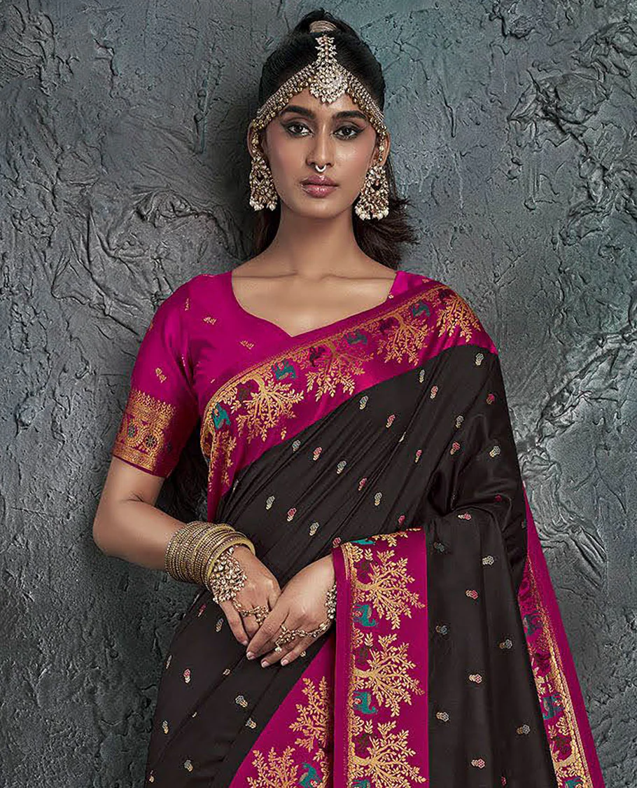 Black Designer Saree, Decorated with Meena Buttas on Its Body, Complemented by a Contrast Border of Deer and Tree Motifs, Pallu of Scallop Zari Designs, and Paired with a Contrast Blouse - Image 2