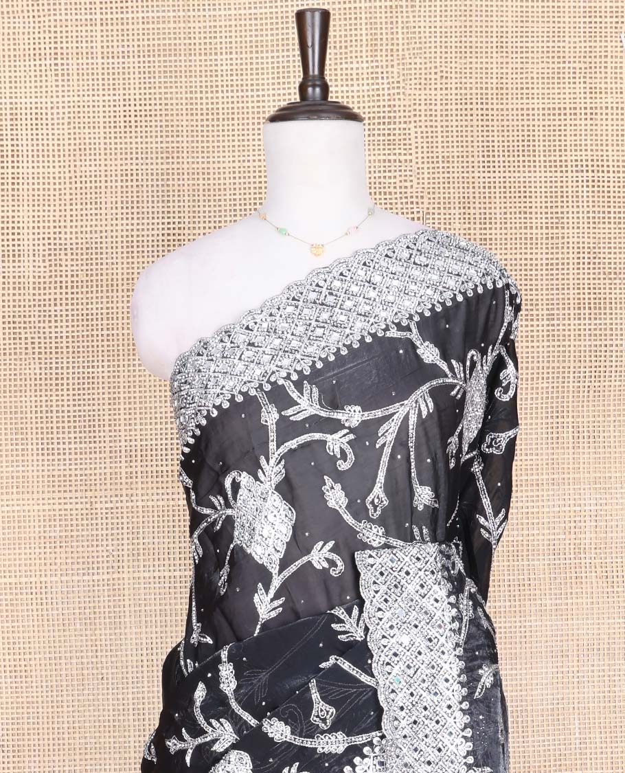 Black Designer Saree, Richly Detailed with Floral-Jaal Style Mixed Embroidery on Its Body, Highlighted by Jaal-Patterned Scallop Embroidered Border, Self-Design Pallu, and Paired with a Heavy Embroidered Matching Blouse - Image 2