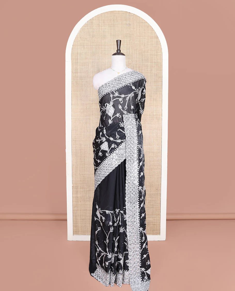 Black Designer Saree, Richly Detailed with Floral-Jaal Style Mixed Embroidery on Its Body, Highlighted by Jaal-Patterned Scallop Embroidered Border, Self-Design Pallu, and Paired with a Heavy Embroidered Matching Blouse - Image 3