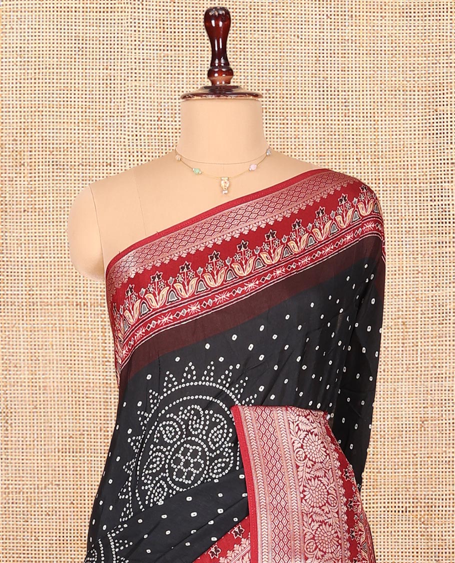 Black Dola Silk Saree, Detailed with Bandhani Dots on Its Body, Complemented by Contrast Border, Zari Striped  Pallu, and Paired with a Contrast Blouse - Image 2