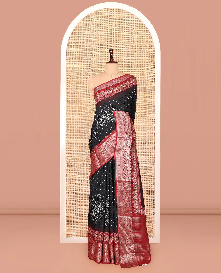 Black Dola Silk Saree, Detailed with Bandhani Dots on Its Body, Complemented by Contrast Border, Zari Striped  Pallu, and Paired with a Contrast Blouse - Image 3