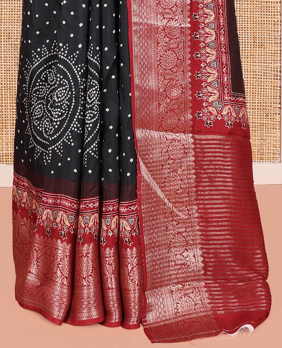 Black Dola Silk Saree, Detailed with Bandhani Dots on Its Body, Complemented by Contrast Border, Zari Striped  Pallu, and Paired with a Contrast Blouse - Image 4