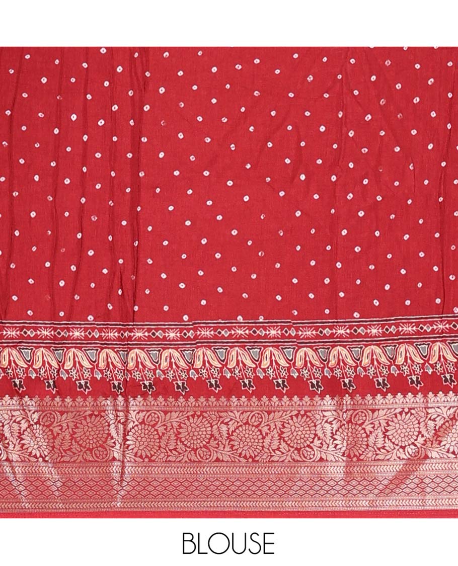 Black Dola Silk Saree, Detailed with Bandhani Dots on Its Body, Complemented by Contrast Border, Zari Striped  Pallu, and Paired with a Contrast Blouse - Image 5