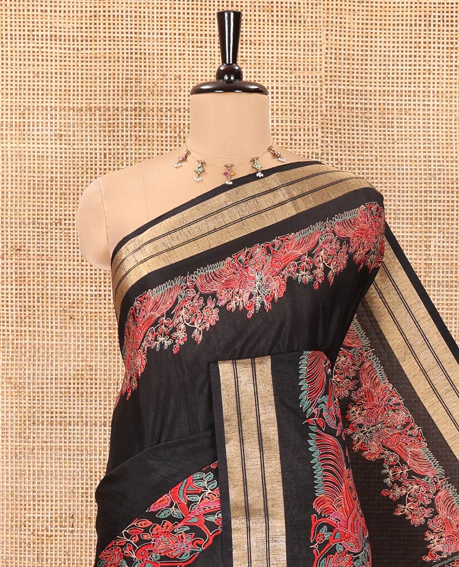 Black Dola Silk Saree, Features Colorful Floral and Peacock Motifs Printed On Its Body, Highlighted by Zari Border, Pallu Depicts Wedding-themed Motifs Print, and Paired with a Matching Blouse - Image 2