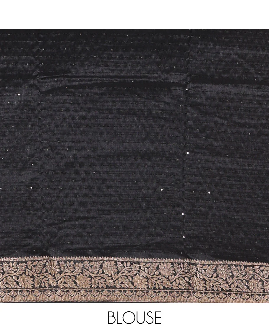 Black Dola Silk Saree Featuring Sequin Stripes and Pichwai Cow Motifs, Decorated with a Floral Creeper Zari-Woven Border, a Printed Pallu, Paired with a Matching Blouse - Image 4
