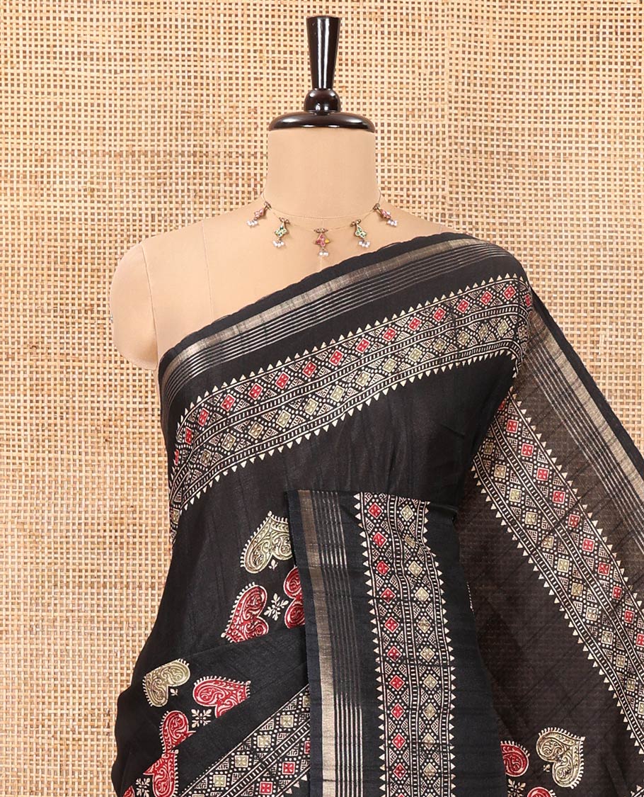 Black Dola Silk Saree, Subtly Enriched with Leaf Motifs Printed On Its Body, Highlighted by Self-Border of Zari and Print Work, Printed Pallu, and Paired with a Matching Blouse - Image 2