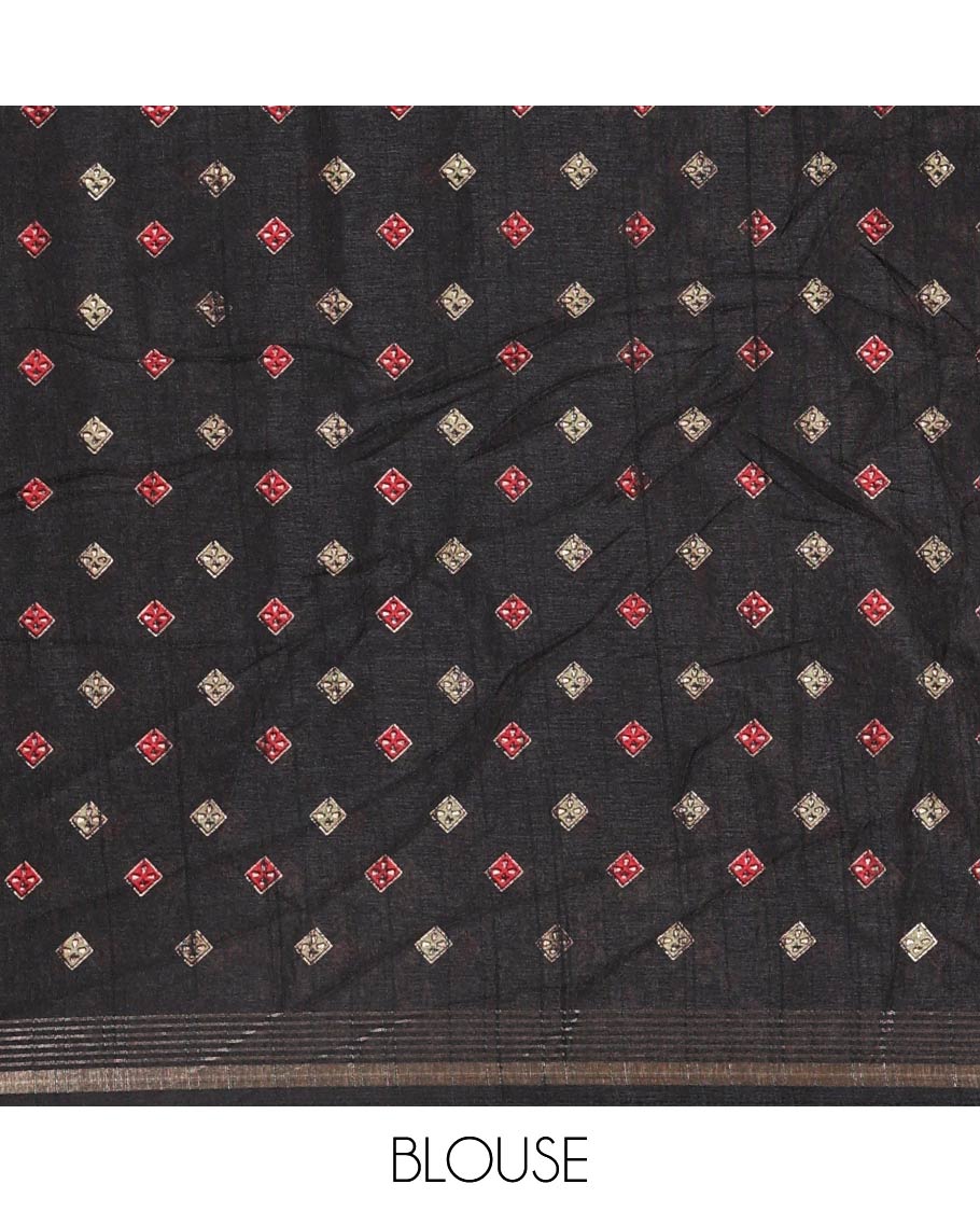 Black Dola Silk Saree, Subtly Enriched with Leaf Motifs Printed On Its Body, Highlighted by Self-Border of Zari and Print Work, Printed Pallu, and Paired with a Matching Blouse - Image 3