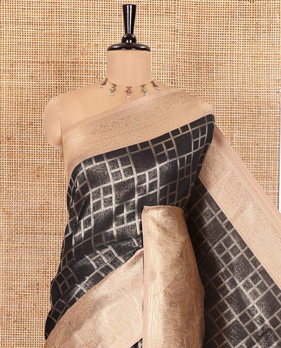Black Elite Soft Silk Saree, Enthralled with Checked Design on Its Body, Complemented by a Contrast Border of Jungle-Themed Flora-Fauna Motifs, a Pallu of Checked Design, and Paired with a Contrast Blouse - Image 2