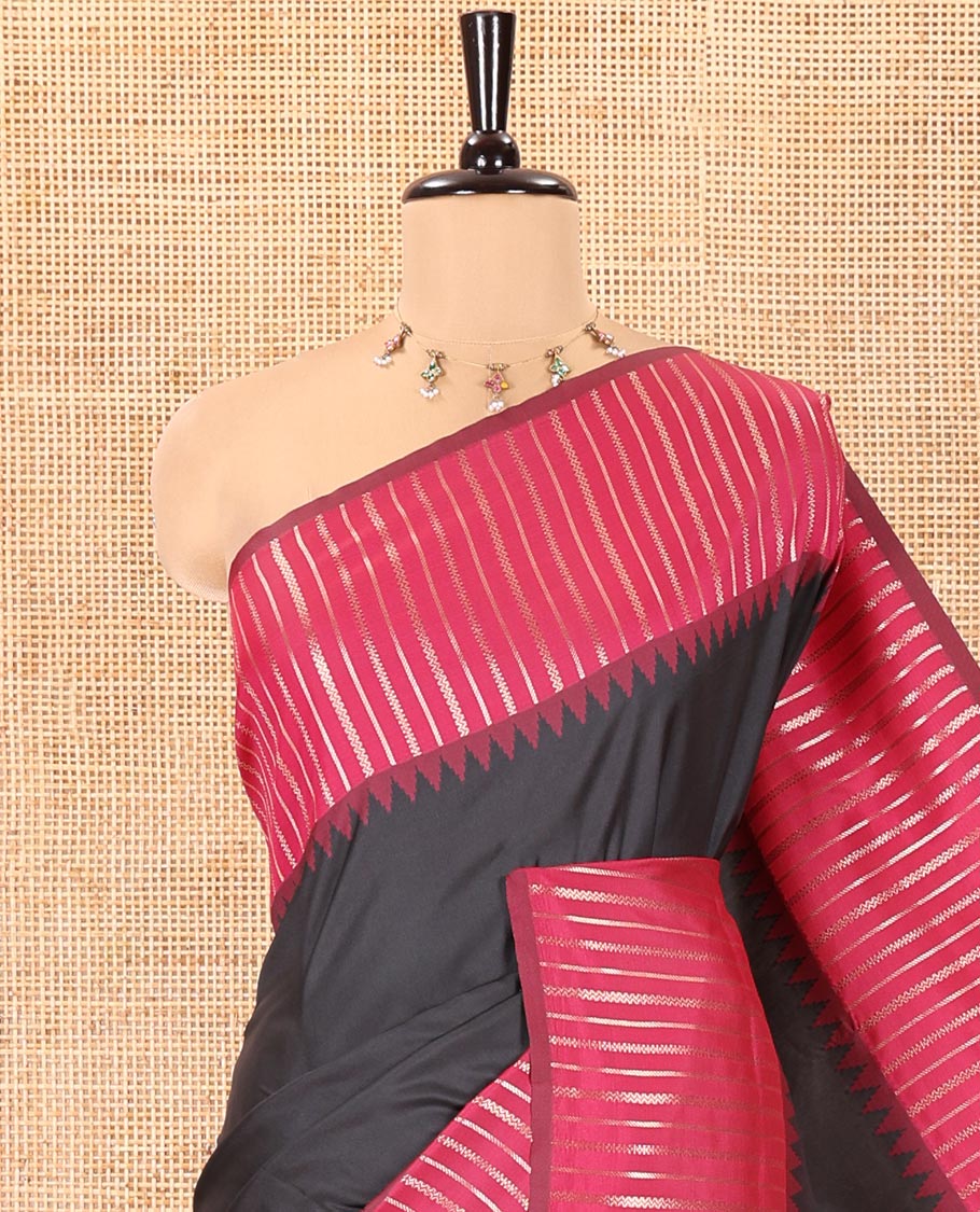 Black Elite Soft Silk Saree, Highlighted by Zari Buttas All Over Its Body, Complemented by Contrast Border Steeped with Geometric Patterns, Grand Pallu, and Paired with a Contrast Blouse - Image 2