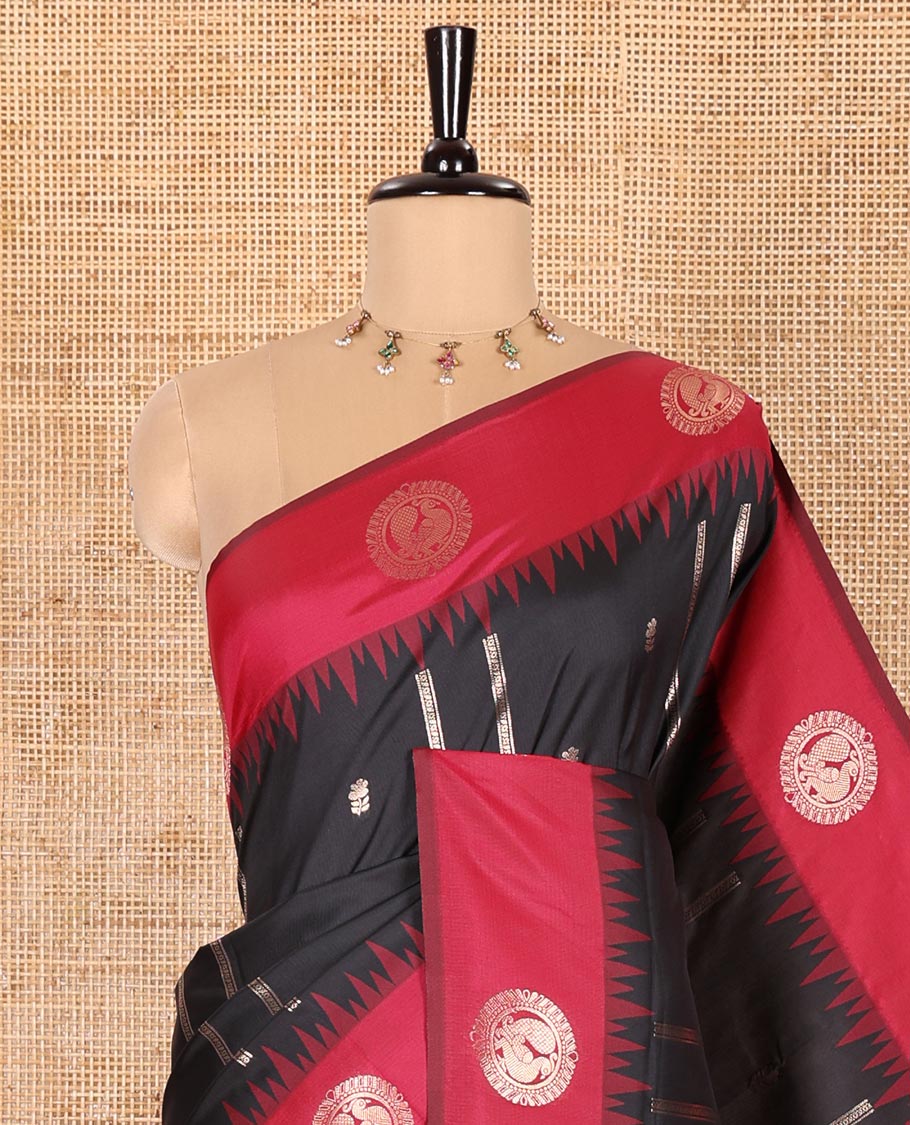 Black Elite Soft Silk Saree, Mesmerized with Zari Buttas and Zari Stripes All Over Its Body, Complemented by a Contrast Temple Border of Round Peacock Designs, Rich Pallu of Peacock Chakram Butta Enclosed Checks, and Paired with a Contrast Blouse - Image 2