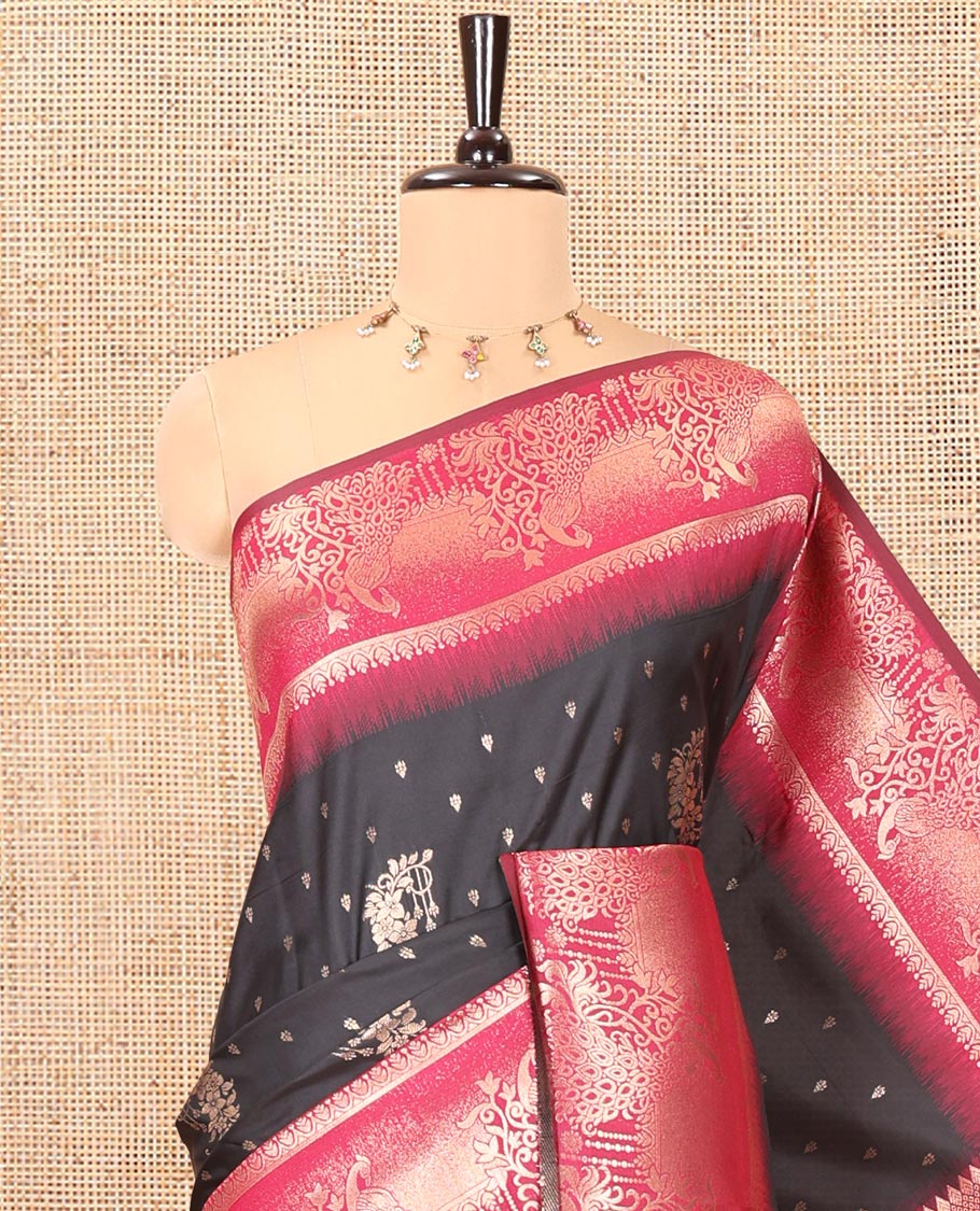 Black Elite Soft Silk Saree, Woven with Zari Buttas on Its Body, Complemented by a Contrast Peacock-Floral Zari Blouse, Intricately Designed Pallu, and Paired with a Contrast Blouse - Image 2