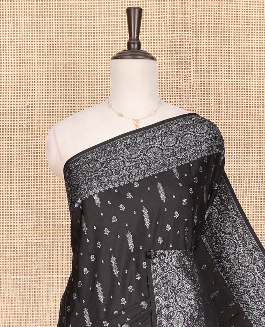 Black Fancy Georgette Saree Decorated with Zari Buttas, Zari Woven Border of Floral Creeper Designs, Zari-Decked Up Pallu of Floral Jaal Designs, and Paired with a Matching Blouse - Image 2