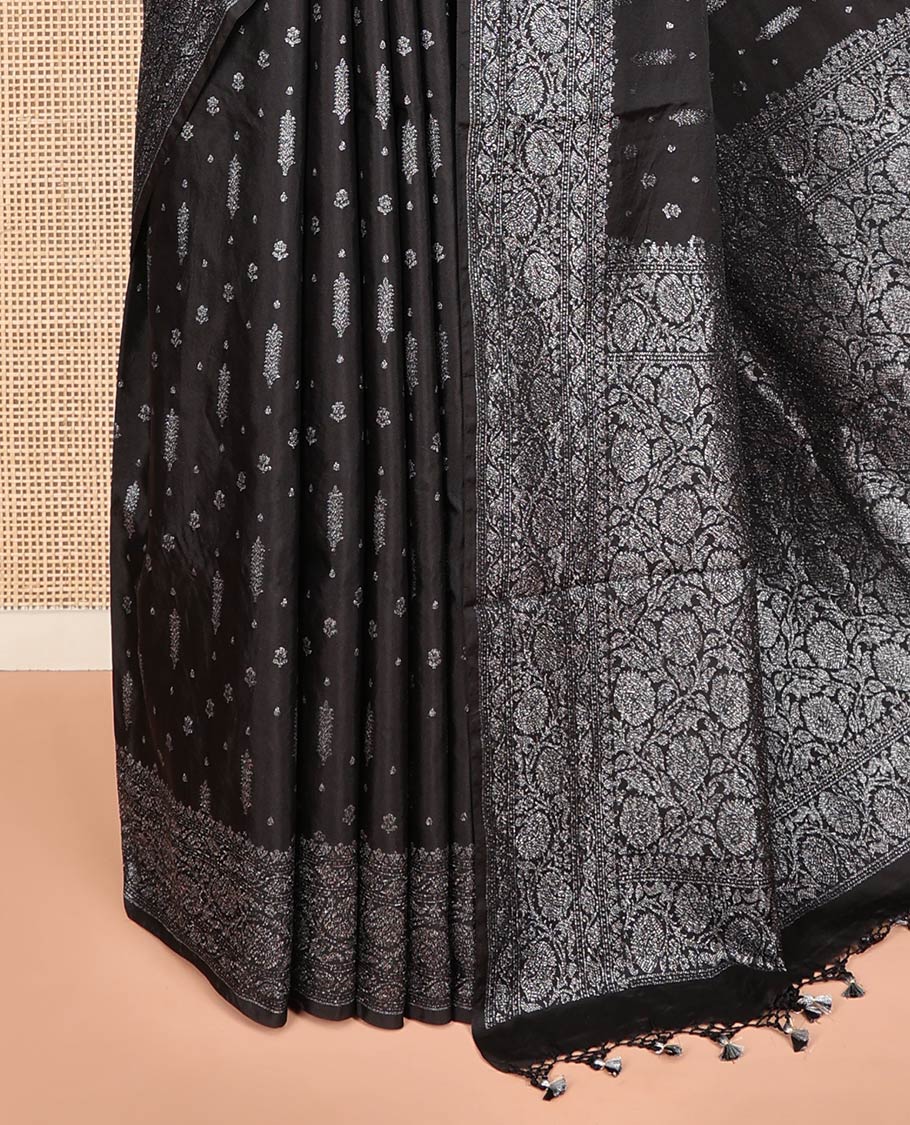Black Fancy Georgette Saree Decorated with Zari Buttas, Zari Woven Border of Floral Creeper Designs, Zari-Decked Up Pallu of Floral Jaal Designs, and Paired with a Matching Blouse - Image 3