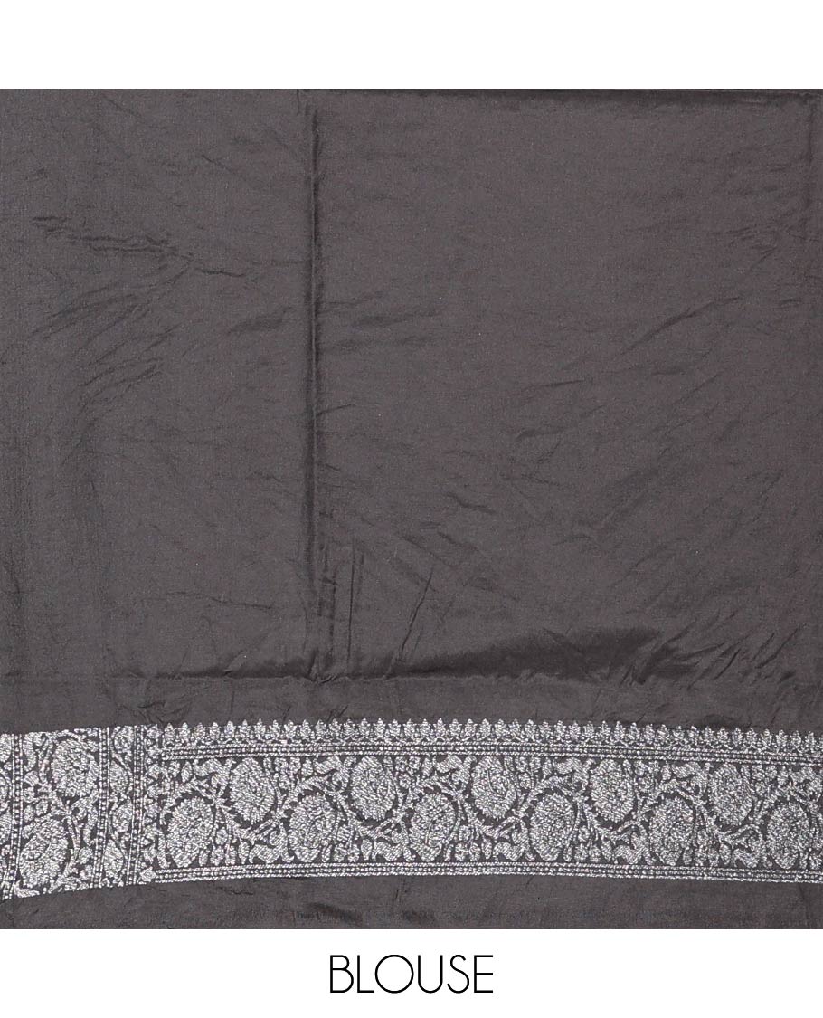 Black Fancy Georgette Saree Decorated with Zari Buttas, Zari Woven Border of Floral Creeper Designs, Zari-Decked Up Pallu of Floral Jaal Designs, and Paired with a Matching Blouse - Image 4