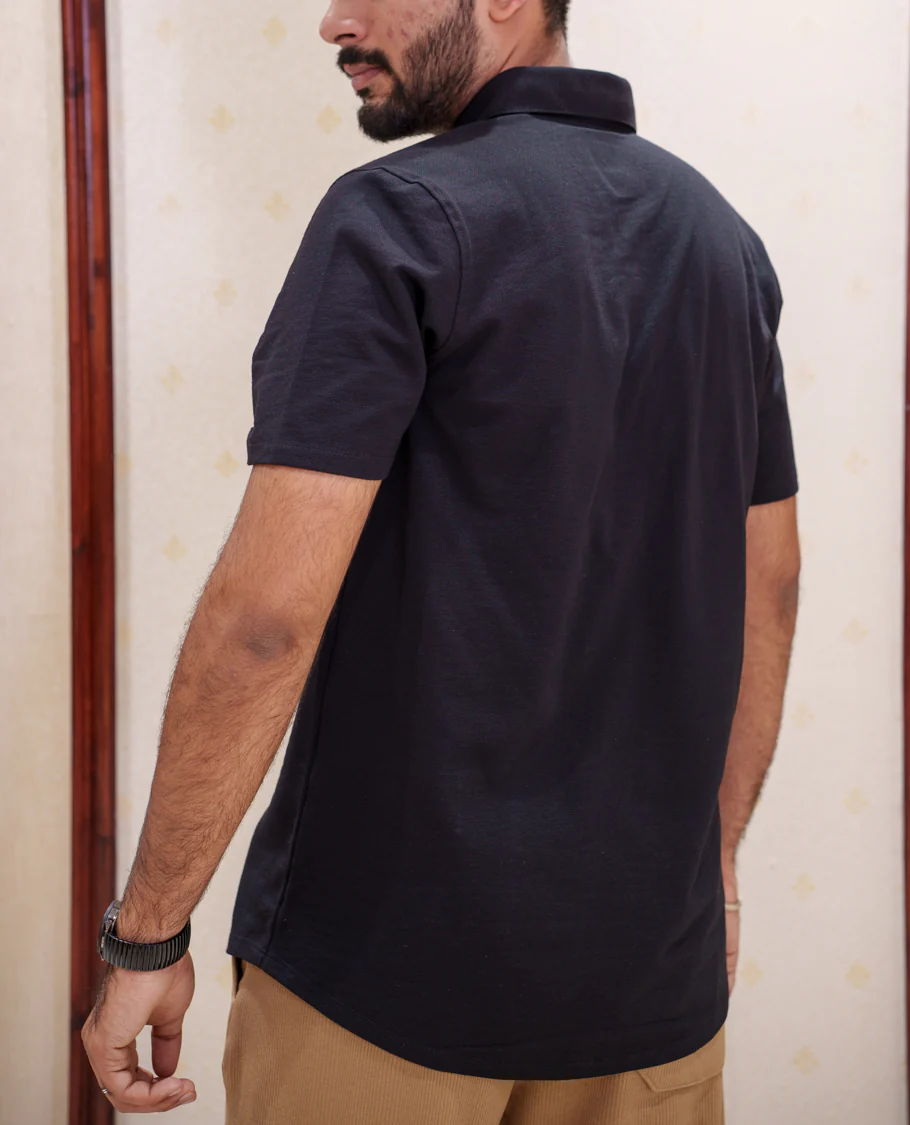 Black Fancy Knitted Casual Shirt, Comes with Lion Motifs Embroidery, a Spread Collar, Half Sleeves, Regular Fit, and Regular Length - Image 5