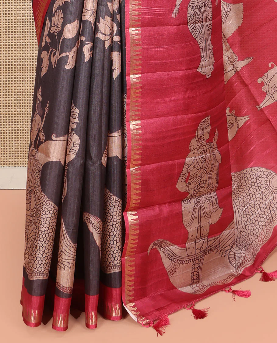 Black Semi-Tussar Silk Saree, Gracefully Detailed with Kalamkari-Style Human Motifs Printed on Its Body, Complemented by a Contrast Temple Zari Border, Creatively Kalamkari Printed Pallu, and Paired with a Contrast Blouse - Image 5