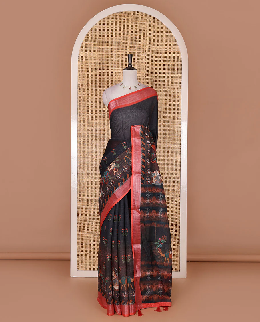 Black floral and human figurines printed linen cotton saree, contrast plain bavanji border, printed pallu, and contrast plain blouse - Image 2