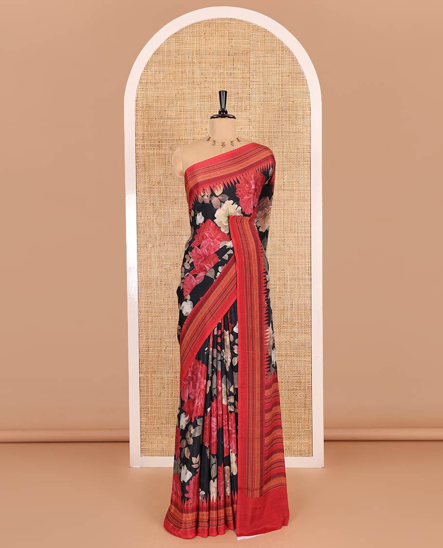 Black floral printed Italian crepe saree, contrast temple printed border, striped pallu, and a printed bordered blouse - Image 2