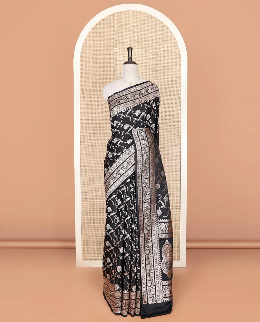 Black floral vine jacquard mushru silk saree, floral-paisley design zari border, and intricate pallu - Image 2