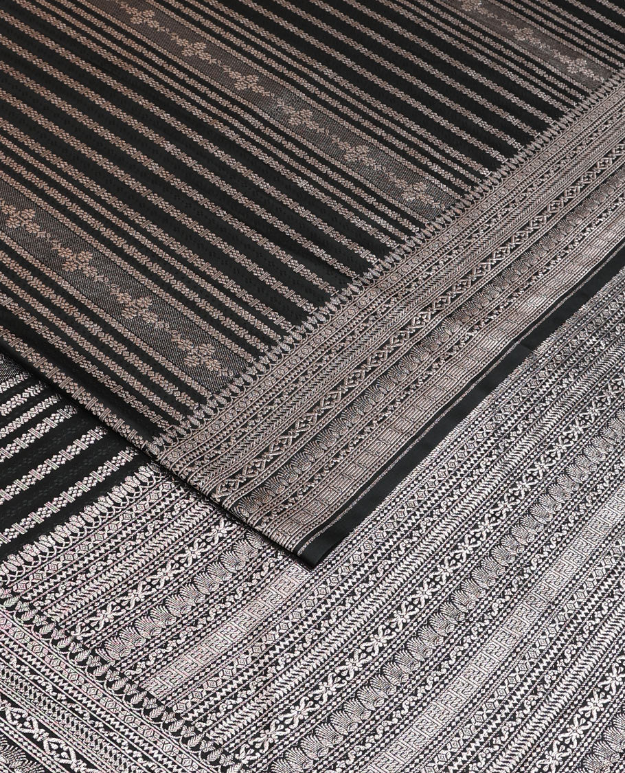 Black geometric jacquard satin silk saree, zari border and pallu steeped with traditional zari designs - Image 2