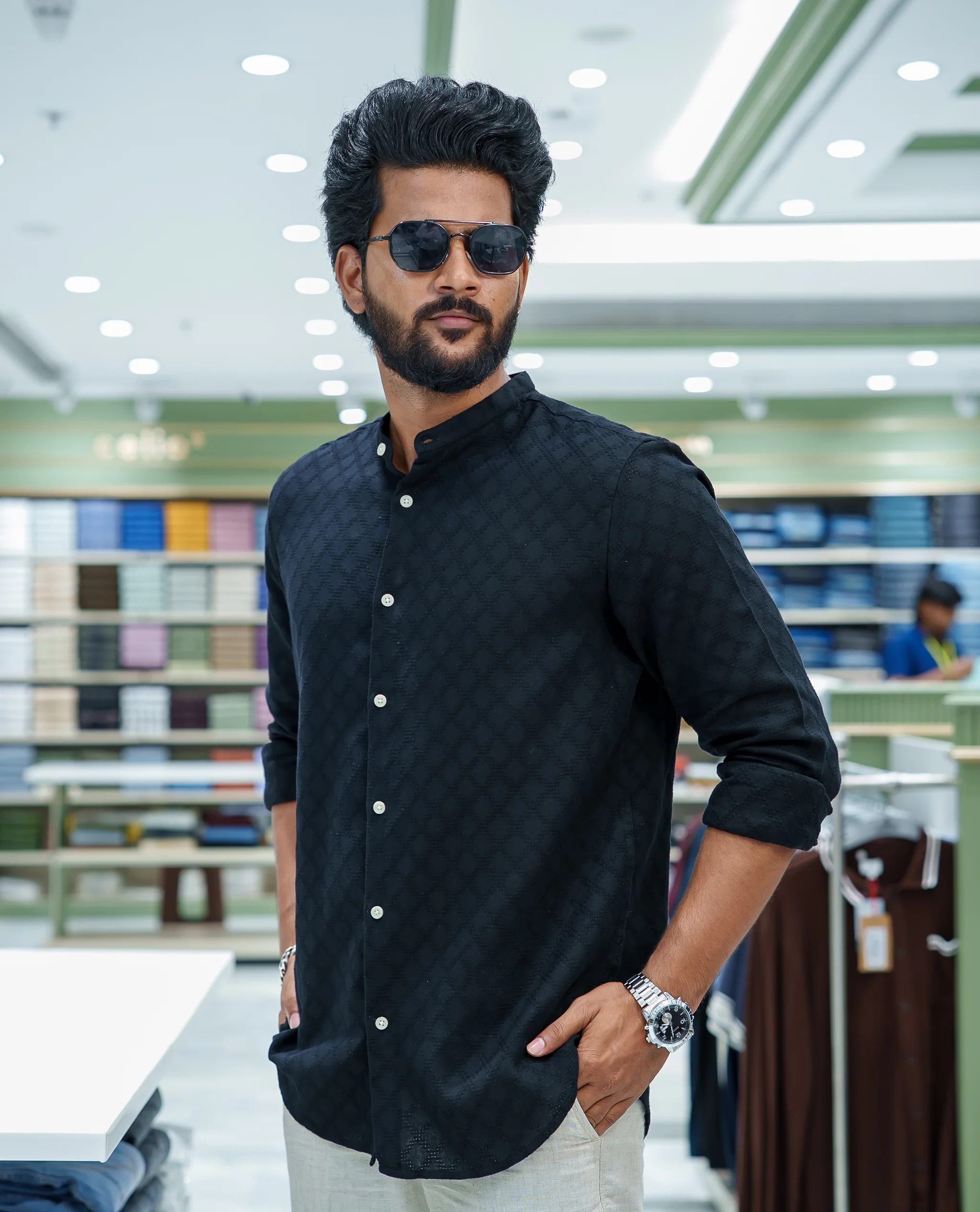 Black Cotton Blended Casual Shirt, Subtly Sparkled with Diamond-Patterns Texture, Featuring a Mandarin Collar, Full Sleeves, Slim Fit, and Regular Length - Image 2