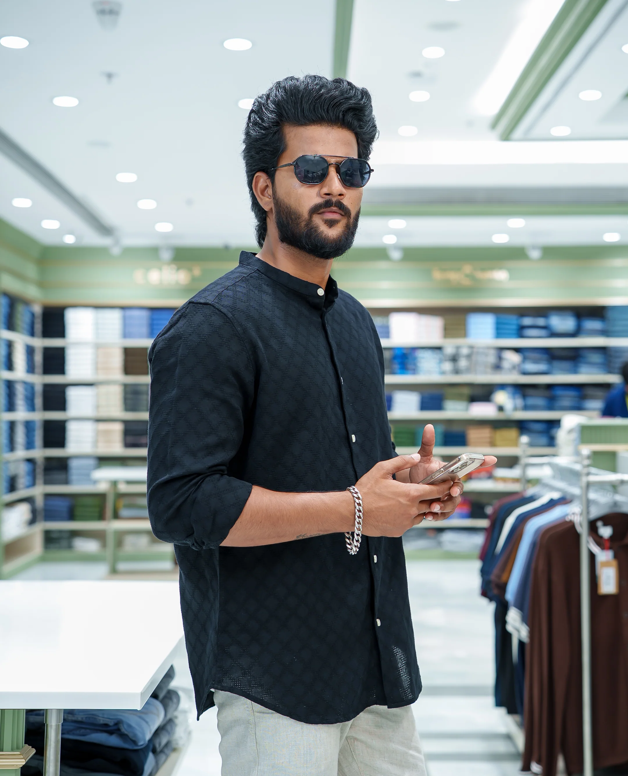 Black Cotton Blended Casual Shirt, Subtly Sparkled with Diamond-Patterns Texture, Featuring a Mandarin Collar, Full Sleeves, Slim Fit, and Regular Length - Image 3