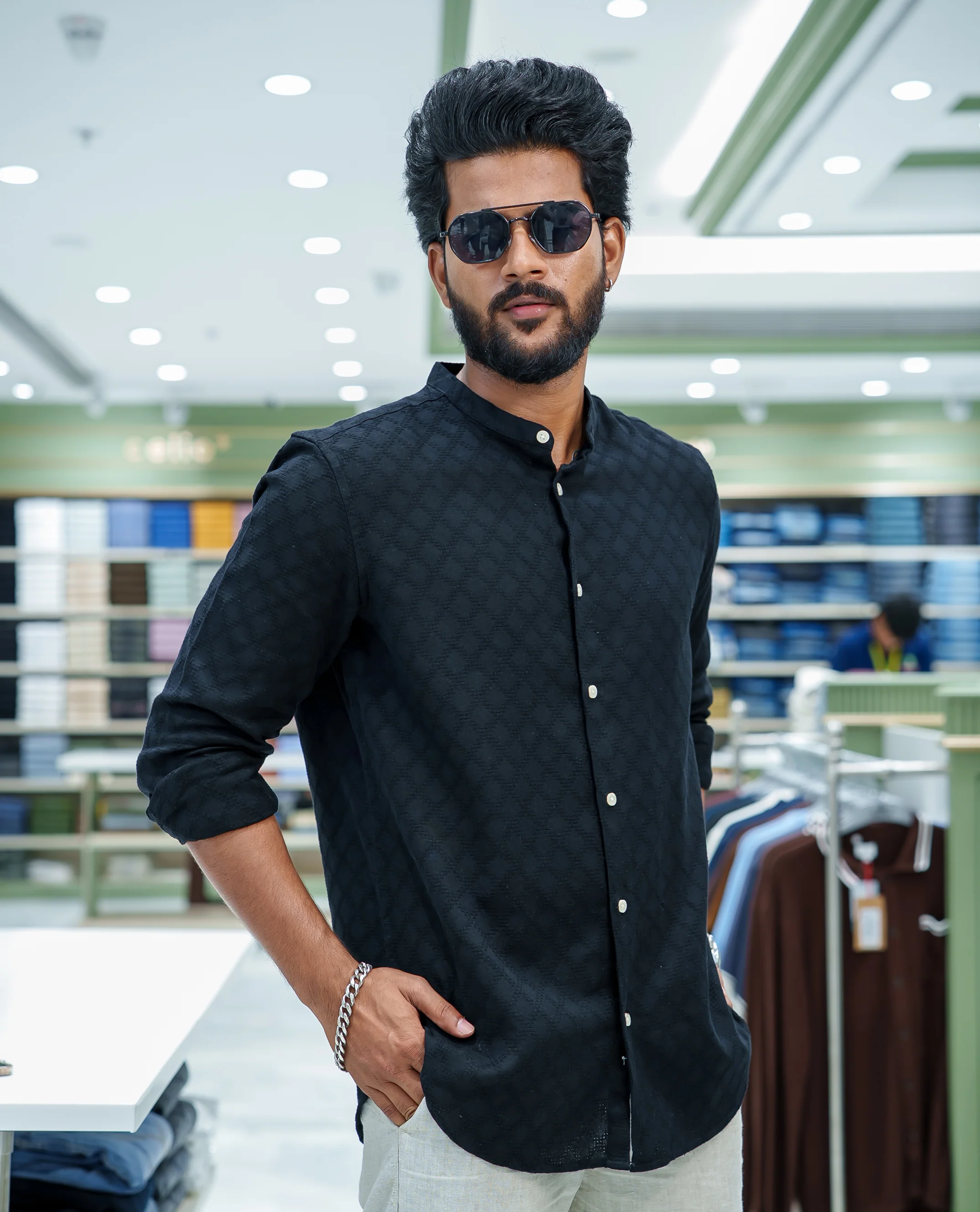 Black Cotton Blended Casual Shirt, Subtly Sparkled with Diamond-Patterns Texture, Featuring a Mandarin Collar, Full Sleeves, Slim Fit, and Regular Length - Image 4