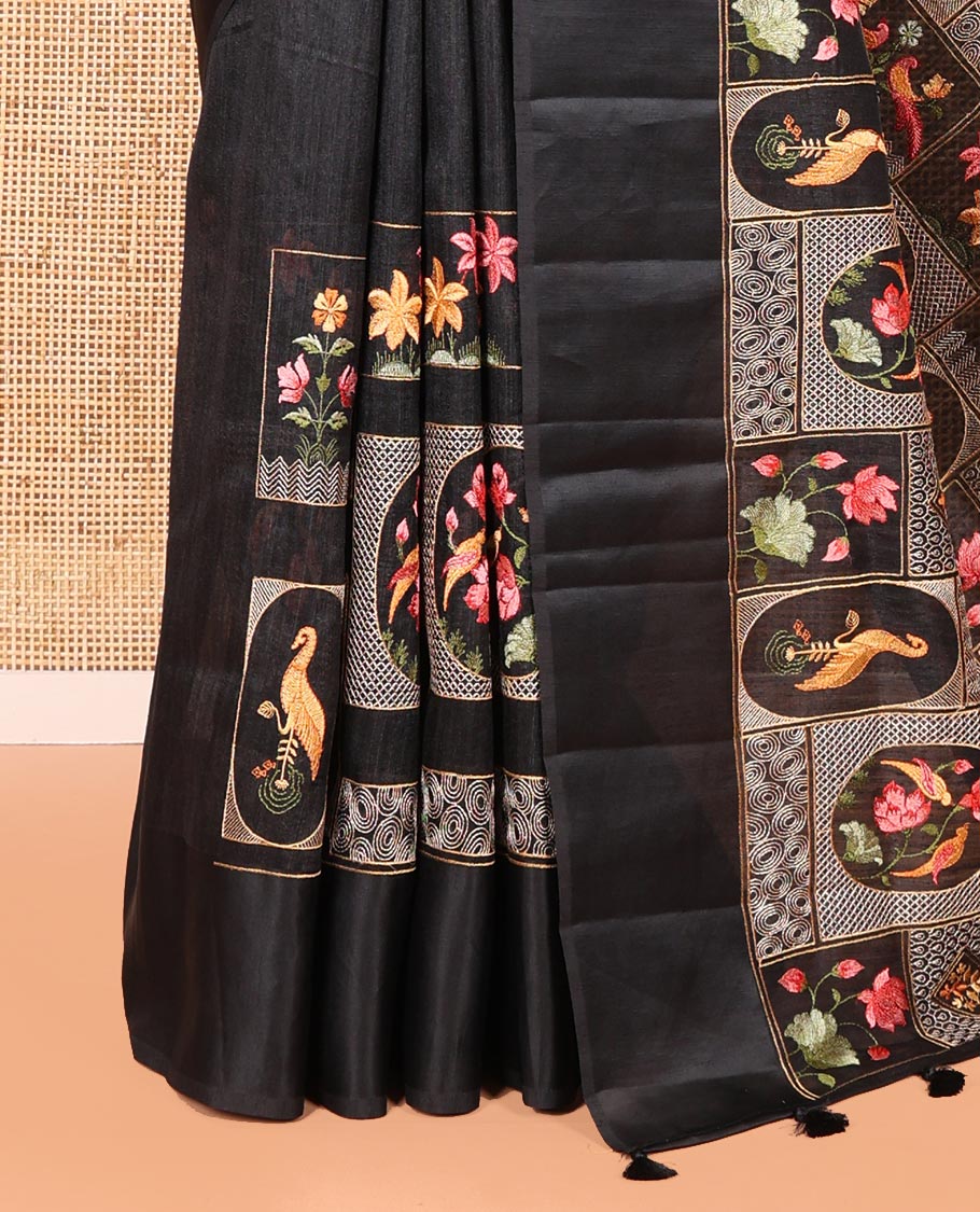 Black Green-Silk Saree, Artfully Embroidered with Mughal-Style Floral-Fauna Enclosed Jaal Designs, Subtle Satin Border, Artfully Multi-Color Embroidered Pallu, and Paired with a Matching Blouse - Image 3