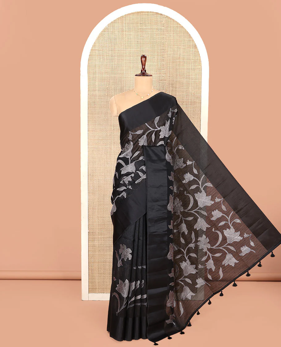 Black Green Silk Saree, Finely Crafted with Floral Vine Cross Stitch Embroidery on Its Body, Subtle Self-Satin Border, Pallu of Floral Vine Cross Stitch Embroidery, and Paired with a Plain Blouse - Image 3