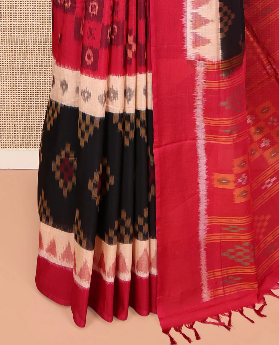 Black Ikkat Cotton Saree, Ornamented with Ikkat-style Buttas All Over Its Body, Complemented by a Contrast Temple Border, Pallu of Geometric Patterns, and Paired with a Contrast Blouse - Image 3
