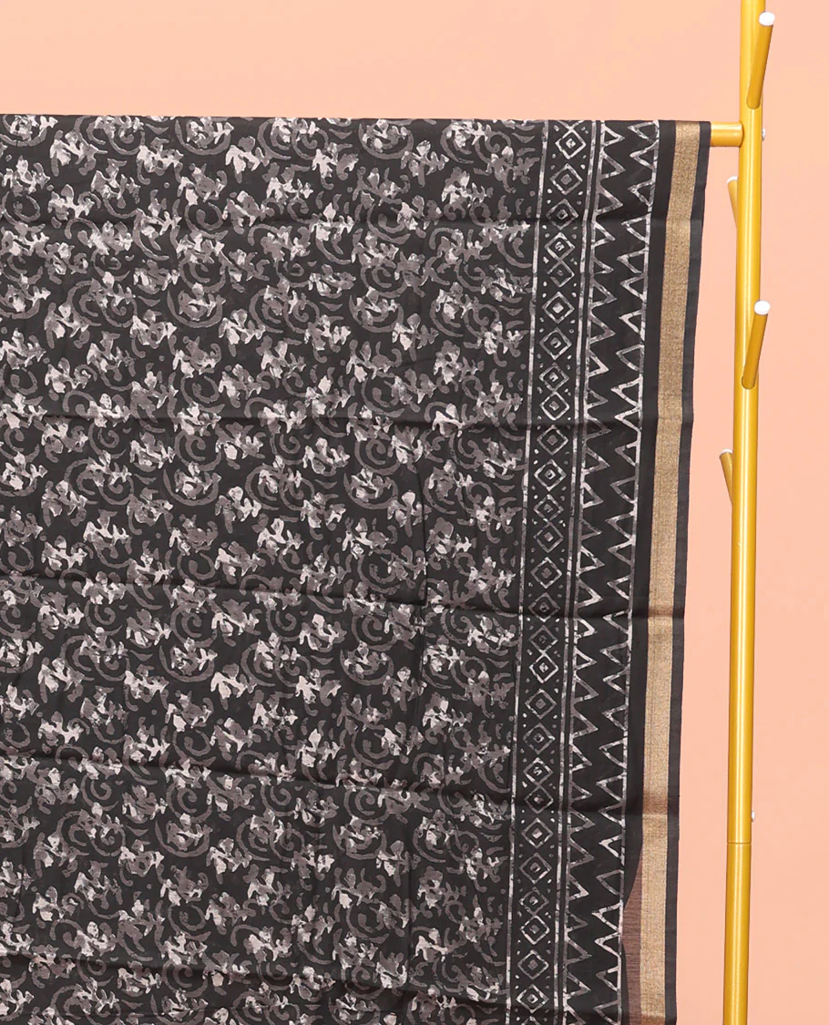 Black Kanchi Cotton Saree, Decked Up with Floral Print All Over Its Body, a Subtle Self-Border, Pallu of Block Printed Geometric Designs, and Paired with a Contrast Blouse - Image 2