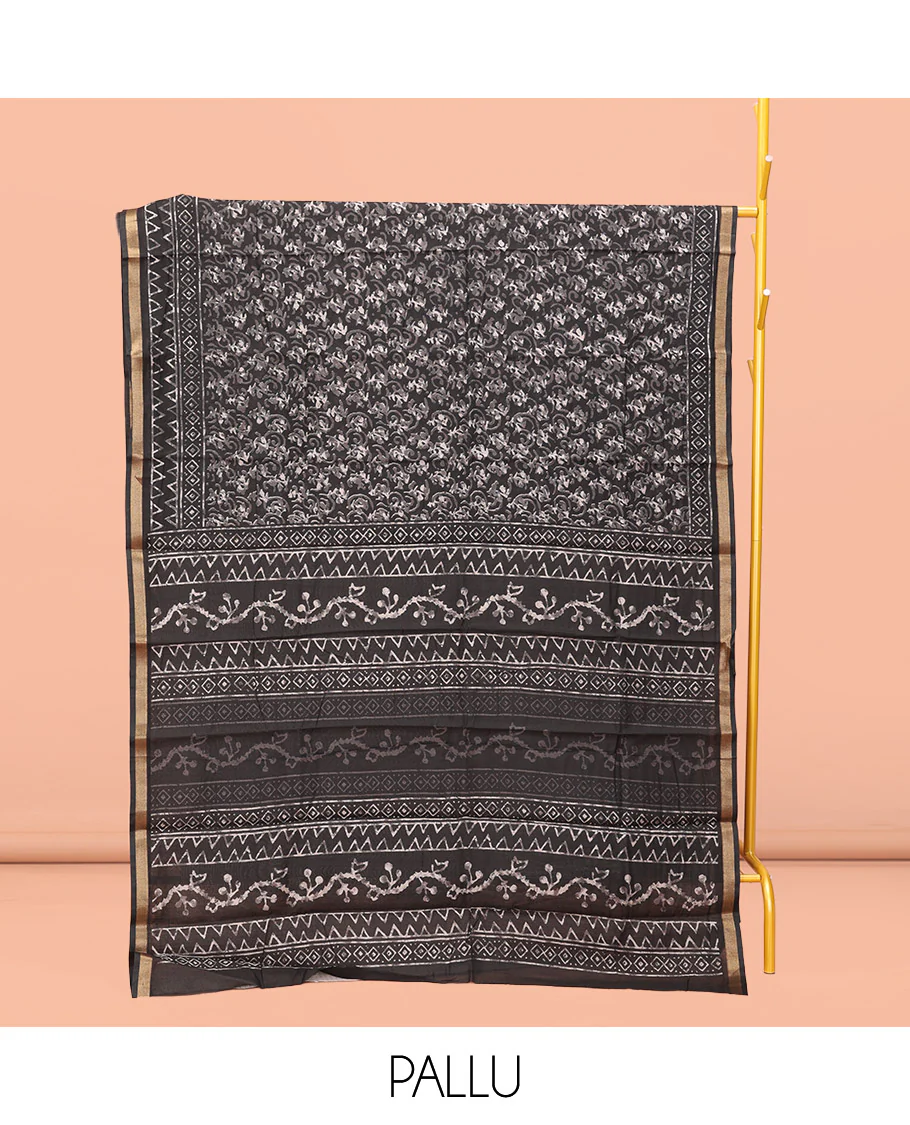 Black Kanchi Cotton Saree, Decked Up with Floral Print All Over Its Body, a Subtle Self-Border, Pallu of Block Printed Geometric Designs, and Paired with a Contrast Blouse - Image 3