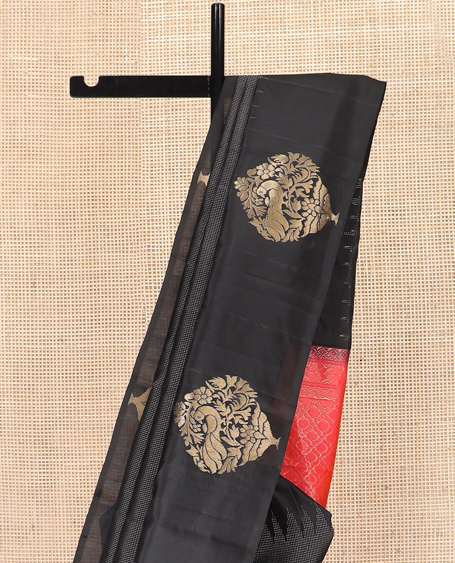 Black Kanchipuram Silk Saree Delicately Woven with Muthu Designs on Its Body, Subtly Sparkled Border of Bird and Floral Designs, Captivating Contrast Pallu of Jaal Designs, and Paired with a Contrast Blouse - Image 3