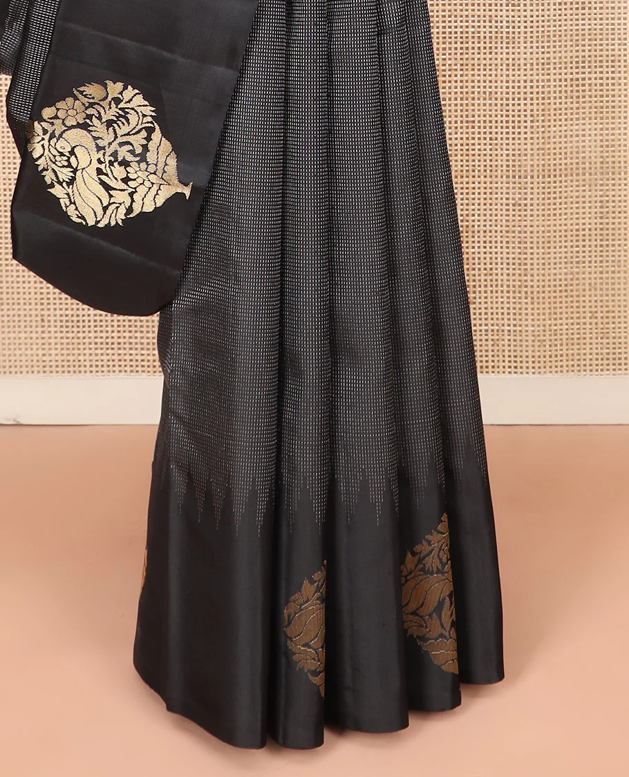Black Kanchipuram Silk Saree Delicately Woven with Muthu Designs on Its Body, Subtly Sparkled Border of Bird and Floral Designs, Captivating Contrast Pallu of Jaal Designs, and Paired with a Contrast Blouse - Image 4