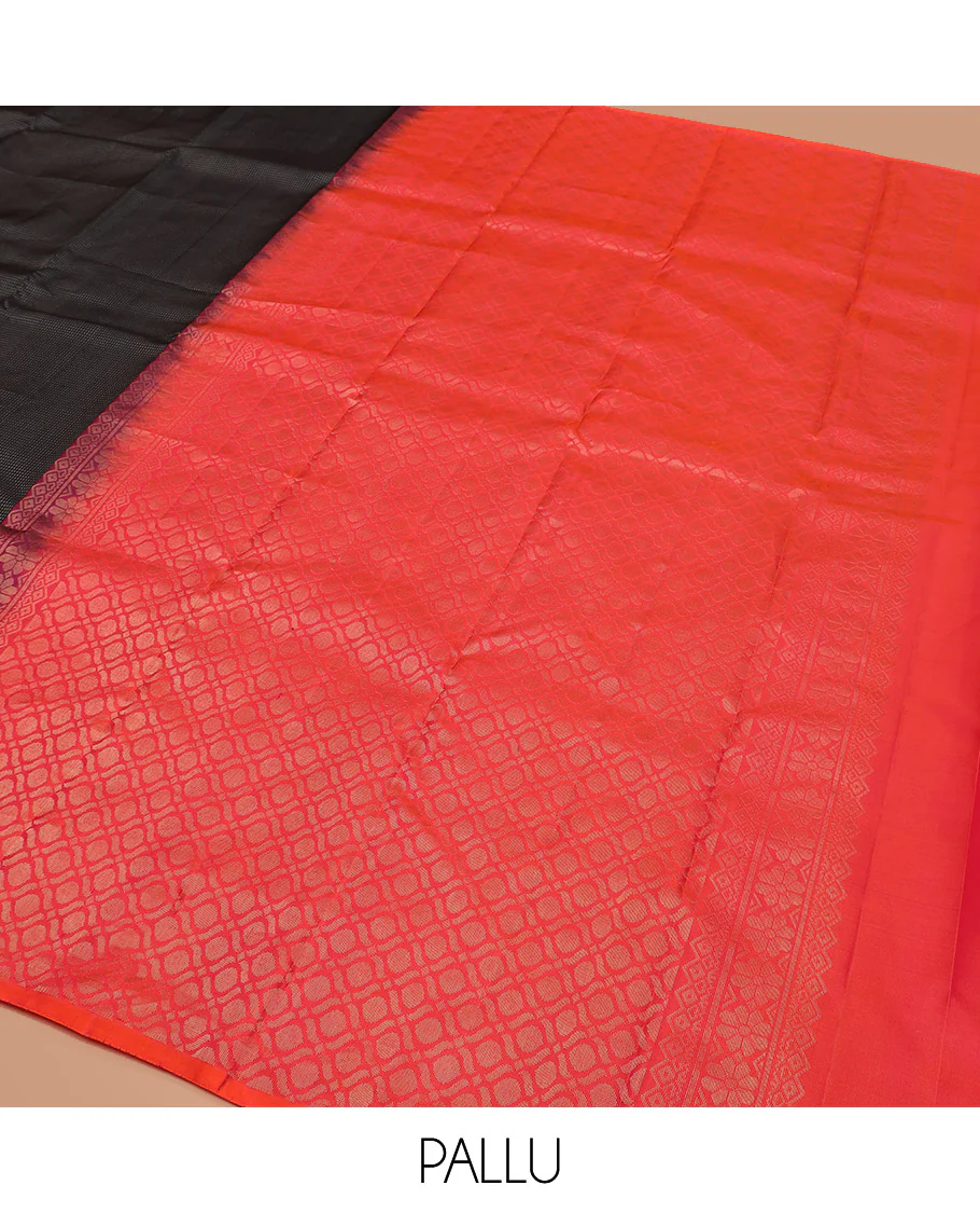 Black Kanchipuram Silk Saree Delicately Woven with Muthu Designs on Its Body, Subtly Sparkled Border of Bird and Floral Designs, Captivating Contrast Pallu of Jaal Designs, and Paired with a Contrast Blouse - Image 5