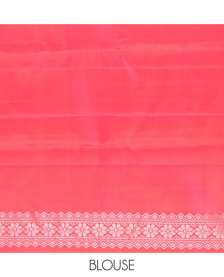 Black Kanchipuram Silk Saree Delicately Woven with Muthu Designs on Its Body, Subtly Sparkled Border of Bird and Floral Designs, Captivating Contrast Pallu of Jaal Designs, and Paired with a Contrast Blouse - Image 6