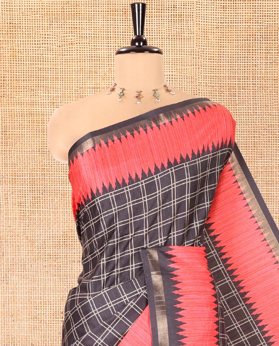 Black Katan Silk Saree, Detailed with Checked Design Print All Over Its Body, Complemented by Contrast Temple Border, Heathered Pallu, and Paired with a Contrast Blouse - Image 2