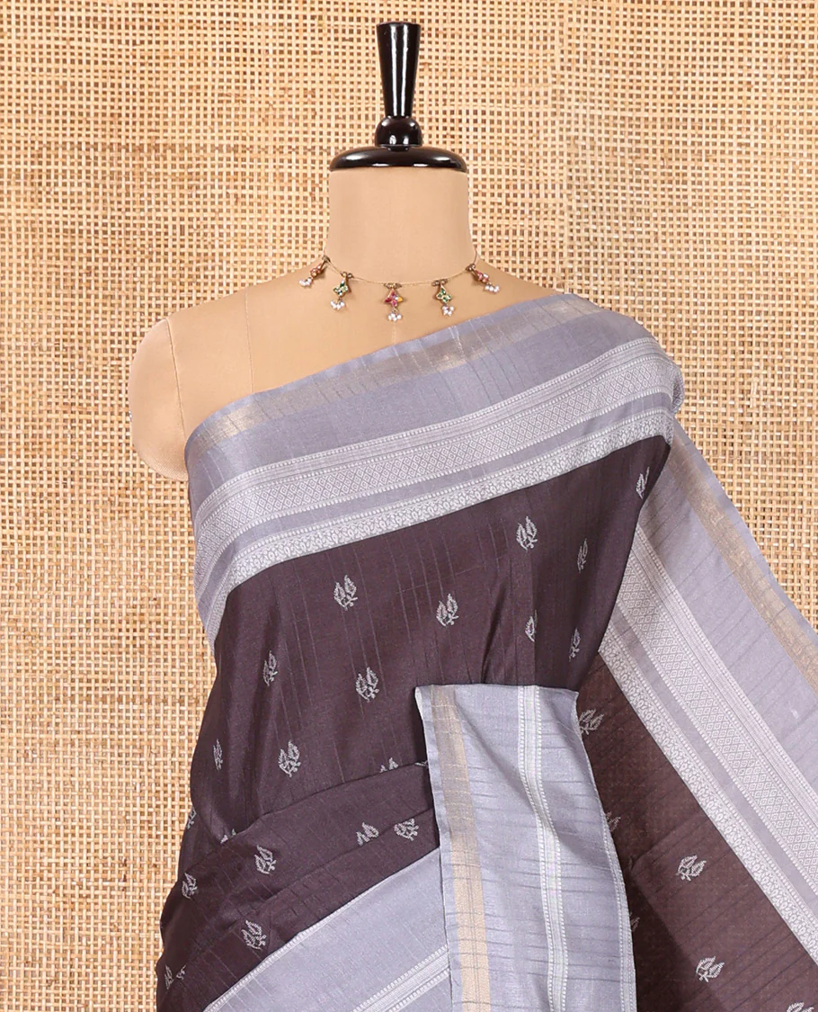 Black Katan Silk Saree, Subtly Steeped with Leaf Motifs Printed All Over Its Body, Complemented by a Contrast Traditional Patterned Border, Pallu Depicting Intricate Designs, and Paired with a Contrast Blouse - Image 2