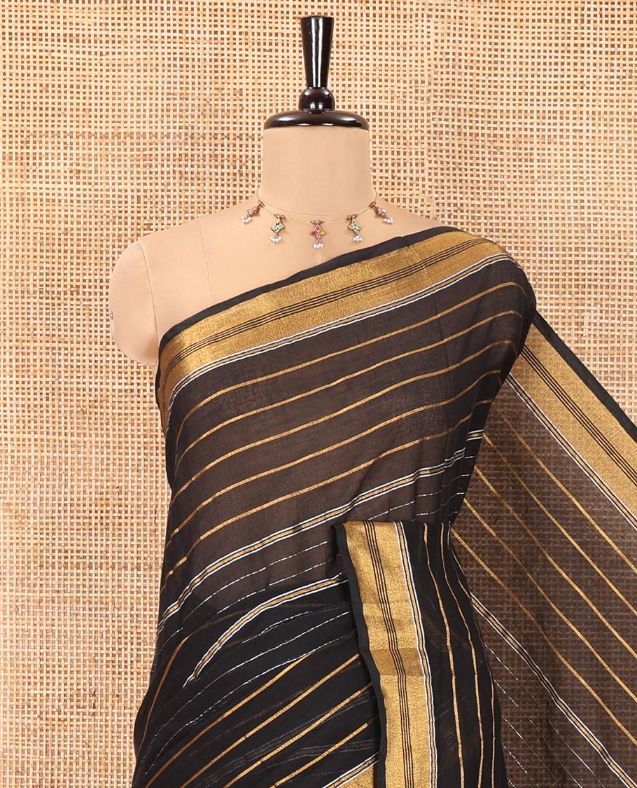 Black Khadi Mul Cotton Saree, Woven with Horizontal Stripes On Its Body, Subtle Zari Border, Stripes Pallu, and Paired with a Matching Blouse - Image 2