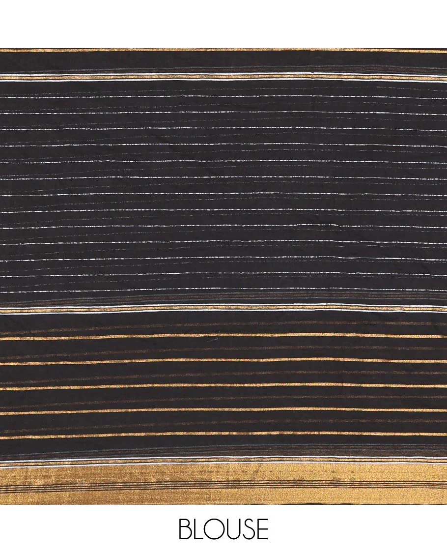 Black Khadi Mul Cotton Saree, Woven with Horizontal Stripes On Its Body, Subtle Zari Border, Stripes Pallu, and Paired with a Matching Blouse - Image 3