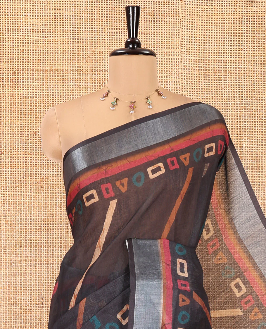 Black Linen Cotton Saree, Adorned with Batik-Style Geometric Print on Its Body, Subtle Zari Border, Kalamkari-Style Printed Pallu, and Matching Blouse - Image 2