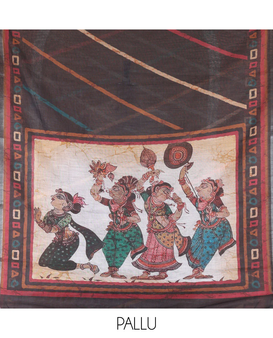 Black Linen Cotton Saree, Adorned with Batik-Style Geometric Print on Its Body, Subtle Zari Border, Kalamkari-Style Printed Pallu, and Matching Blouse - Image 3