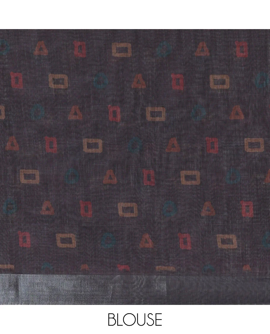 Black Linen Cotton Saree, Adorned with Batik-Style Geometric Print on Its Body, Subtle Zari Border, Kalamkari-Style Printed Pallu, and Matching Blouse - Image 4