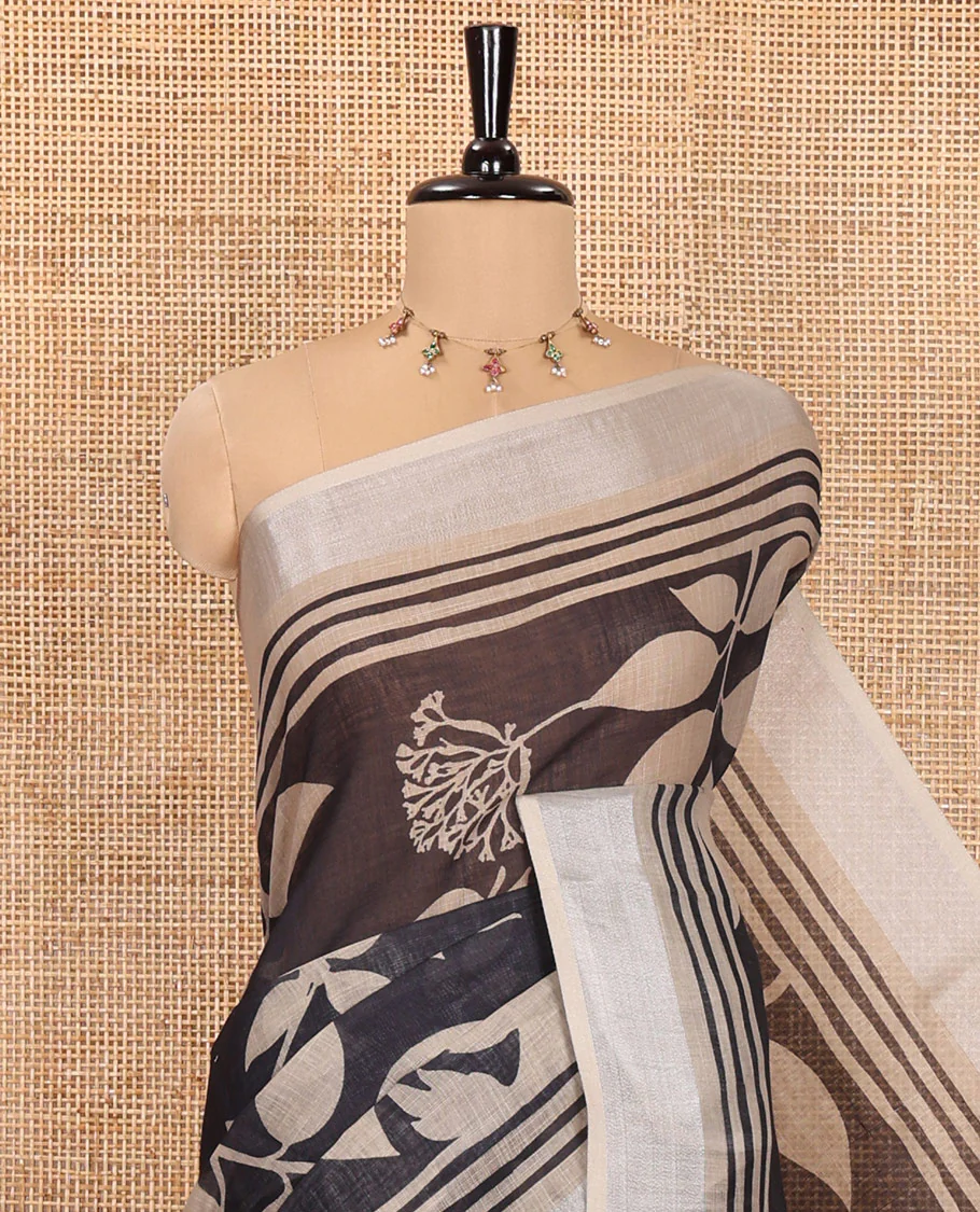 Black Linen Cotton Saree, Beautified with Floral Leaf Motifs Printed on Its Body, Subtle Bavanji Border, Pallu Features Floral Print and Stripes, and Paired with a Matching Blouse - Image 2