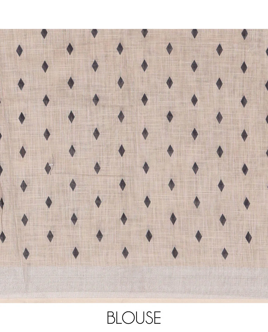 Black Linen Cotton Saree, Beautified with Floral Leaf Motifs Printed on Its Body, Subtle Bavanji Border, Pallu Features Floral Print and Stripes, and Paired with a Matching Blouse - Image 3