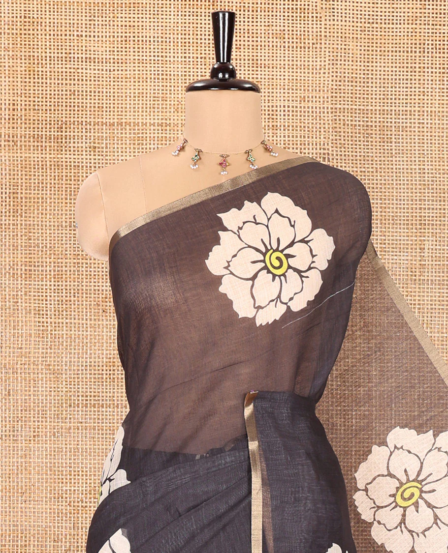 Black Linen Cotton Saree, Beautified with Flower Motifs Printed on Its Body, Subtle Piping Border, Self-Printed Pallu, and Paired with a Matching Blouse - Image 2